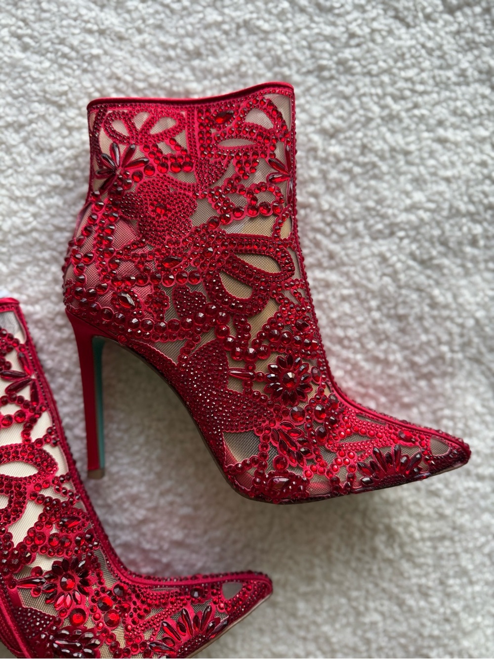 Betsey Johnson Red Embellished Lace Pointed-Toe Stiletto Ankle Boots - Picture 5 of 16